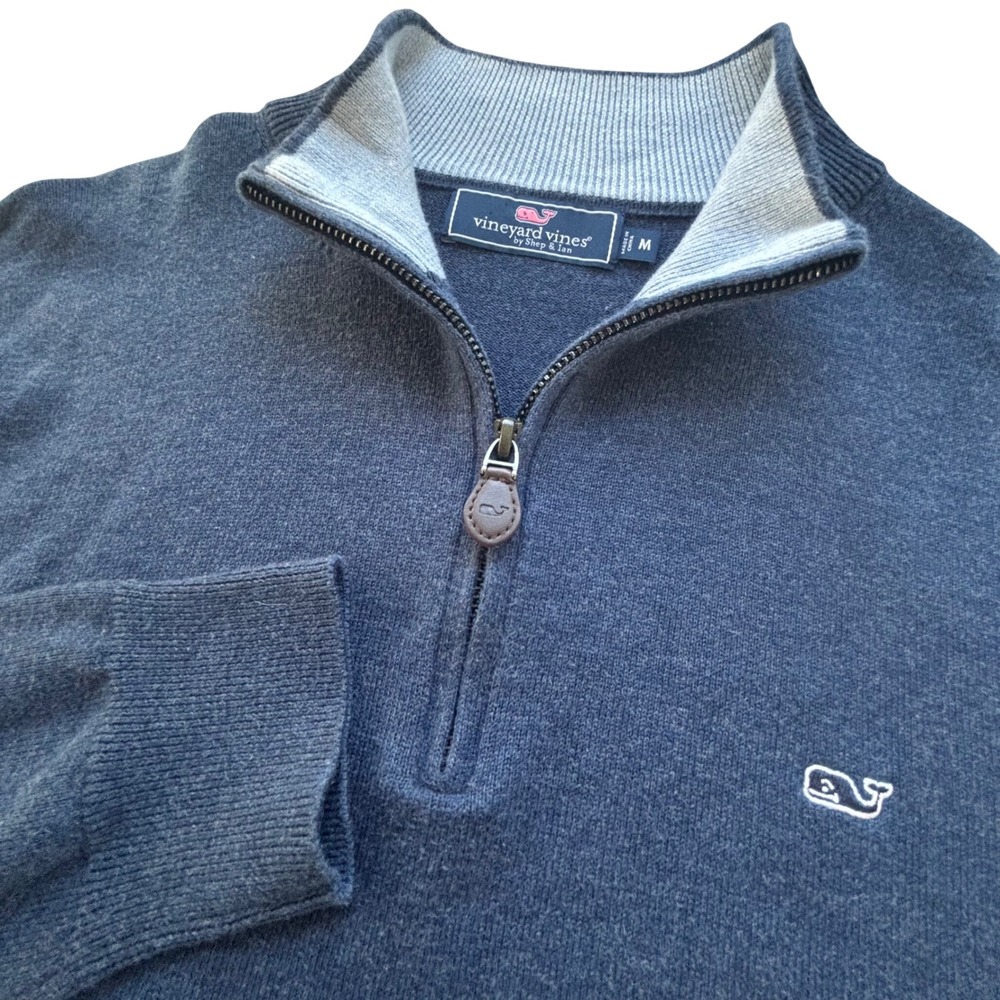 Vineyard Vines Quarter-Zip Sweater Mens M Blue Cotton Logo Preppy Golf Coastal
